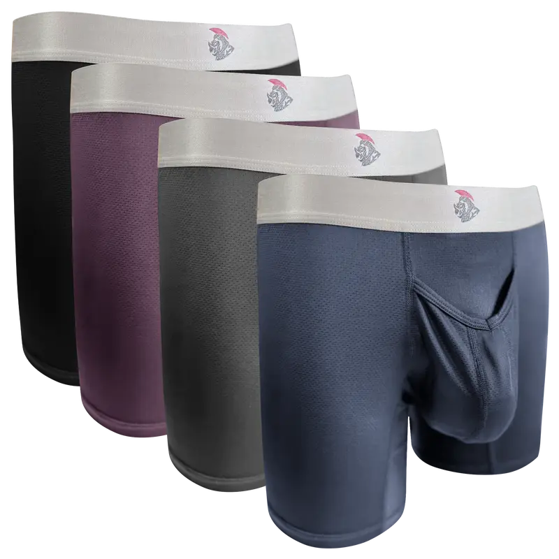 Nylon Mesh 7in Boxer Briefs V Fly 4pk Black/Denim/Gunmetal/Wineberry Menswear MENS UNDERWEAR Plain man travel breathable Undergarments Activewear Athletic Sport Multicolor Sportswear Sports Clothes