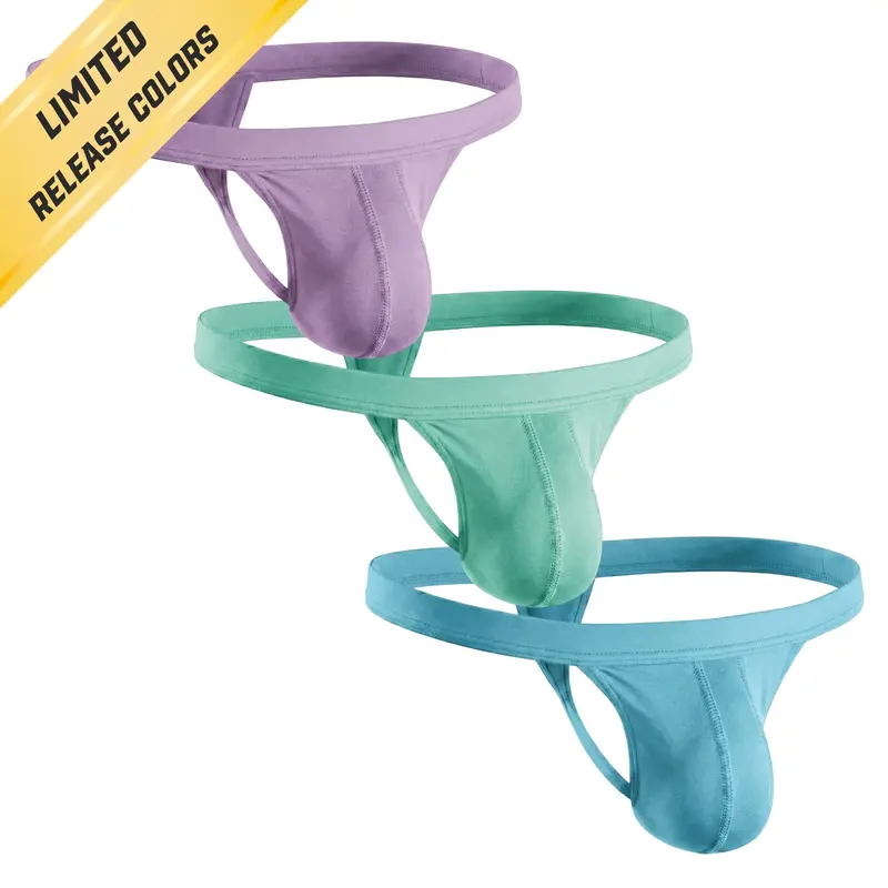 Strapped Thong Nylon Mesh & Modal No Fly Mid-Rise 3 Pack 0 Inch with ABCD Pouch - XS to XL waist Size Spandex Athletic Breathable