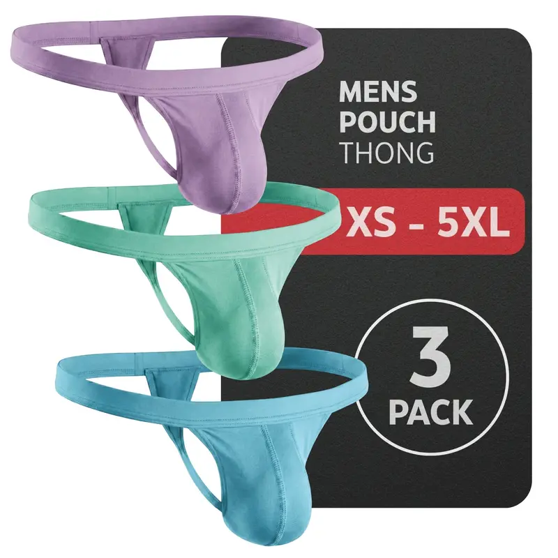 Strapped Thong Nylon Mesh & Modal No Fly Mid-Rise 3 Pack 0 Inch with ABCD Pouch - XS to XL waist Size Spandex Athletic Breathable