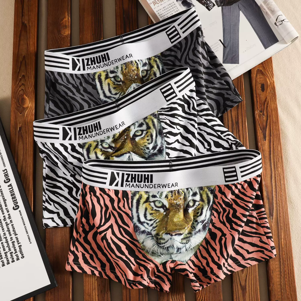 Leopard print cotton men's underwear, personalized trendy printing boxer briefs, comfortable, breathable and sexy tiger print men's boxer briefs