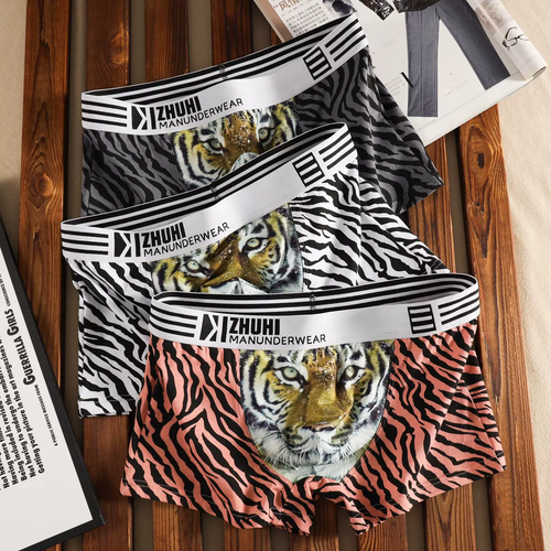 Leopard print cotton men's underwear, personalized trendy printing boxer briefs, comfortable, breathable and sexy tiger print men's boxer briefs
