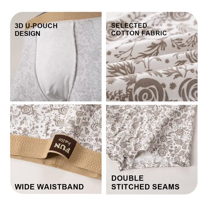 Men's Premium Cotton Boxer Briefs Vintage Rose Print Design Breathable Mesh Panel Elastic Waistband Moisture-Wicking Underwear 3 Pack