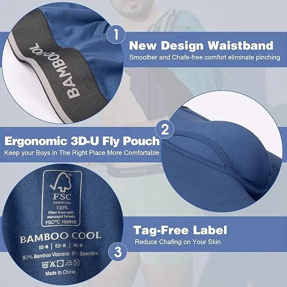 BAMBOO COOL Men's Underwear Boxer Briefs Soft Breathable Premium Fabric Open Fly Pouch High Performance Stretch Christmas Gifts for Men 4 or 7 Pack Athletic summervibes,