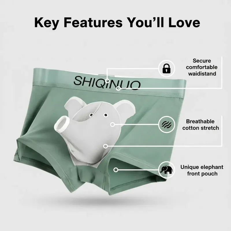 Men's Elephant Modal Underwear Boxers, Soft Elastic Breathable, 3D Trunk Pouch, Separated Support, XL Regular Fit Underwear, Male Gift for Boyfriend